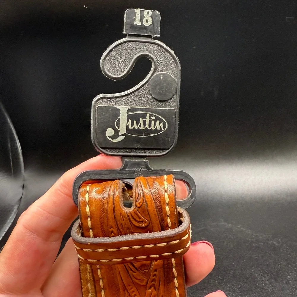 Vintage Kids Justin Tooled Leather Belt Western‎ Style Brown Made in USA